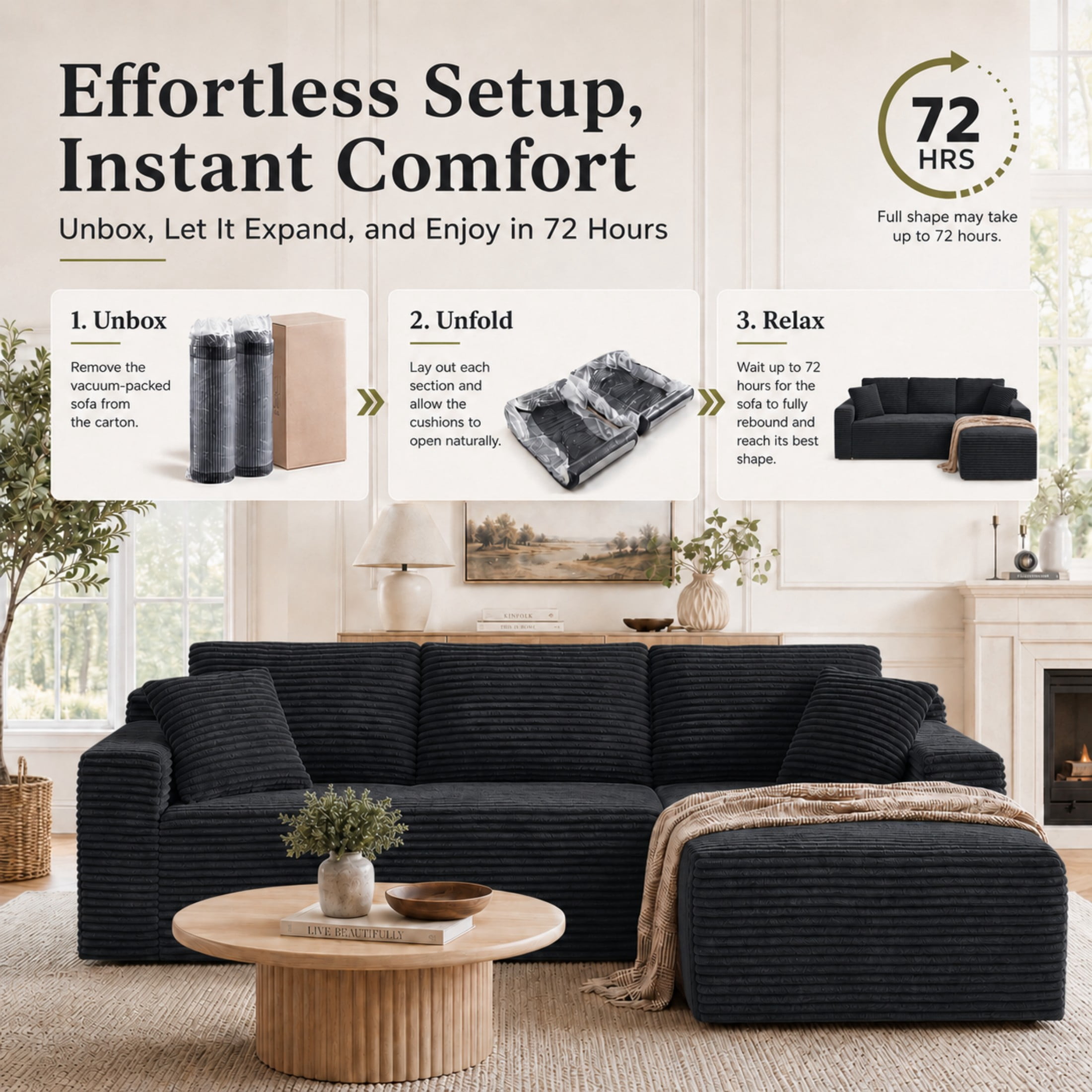 Aenkyo 106 Inch Corduroy L-Shaped Cloud Sectional Sofa with Reversible Chaise, Black
