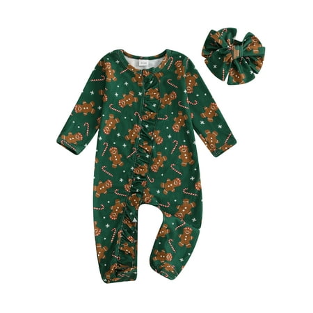 

Bmnmsl Baby Girls Christmas Romper Gingerbread Print Jumpsuits and Headband