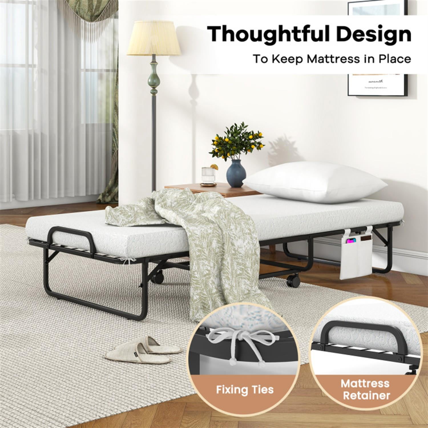 Demi Bonn Cot Size Folding Bed with Memory Foam Mattress and Pillow, Portable Foldable Bed for Living Room, Bedroom and Guest Room, White