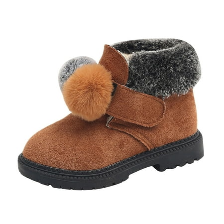 

Girls Boots Cute Snow Boots with Pom Poms Tassels Fall Winter Mid Tube Slip On Boots PU Upper Fabric Lining Round Toe Brown 9 Year