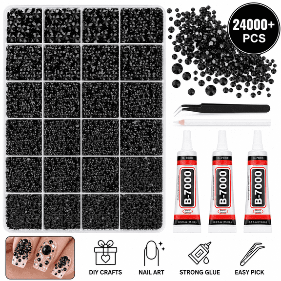 24000 Pcs Flatback Resin Rhinestone Kit, DIY Nail Art Decoration Set with 3pcs B7000 Glue, Tweezers, and Pen for Crafts