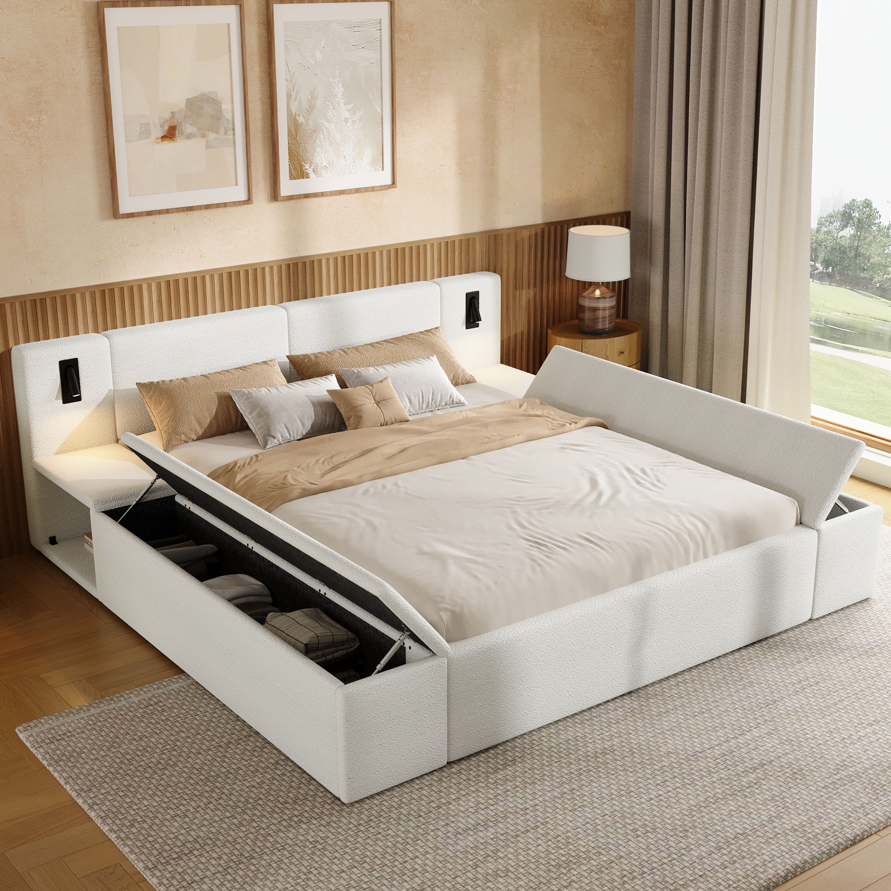 Queen Size Platform Bed w/ Hidden Storage, Built-in Nightstands, Reading Light, No Box Spring Needed