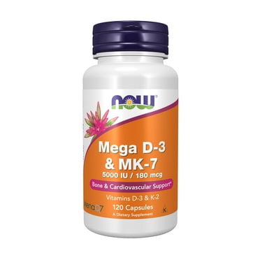 NOW Supplements, Mega D-3 & MK-7, 5000 IU / 180 mcg, Bone & Cardiovascular Support*, Vitamins K-3 & K-2, 120 Capsules