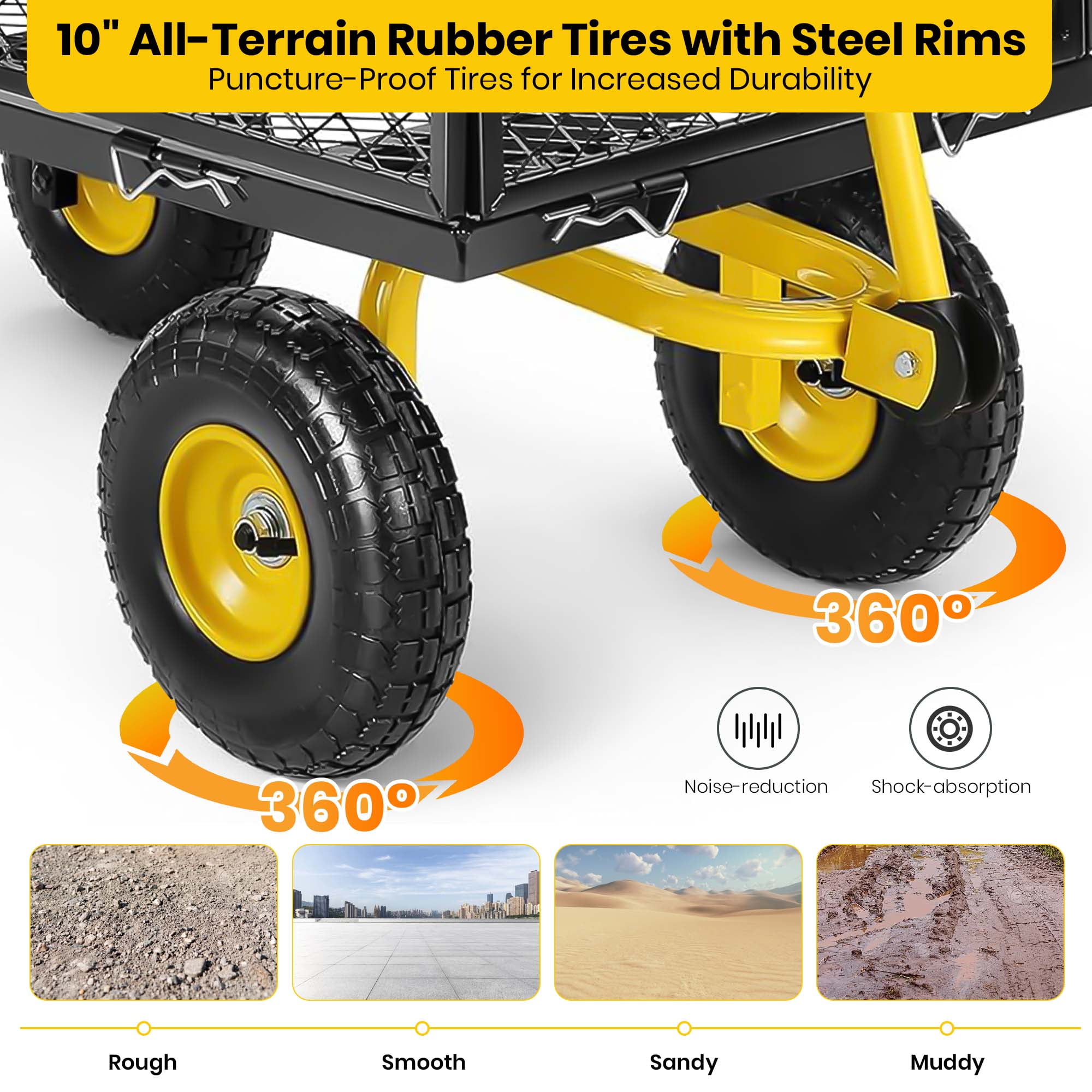 GVDV Heavy Duty Steel Garden Cart with Liner, 40" x 20", 660lbs Capacity, 10" Wheel, Utility Cart for Yard Work Hauling and Outdoor Use, Black/Yellow