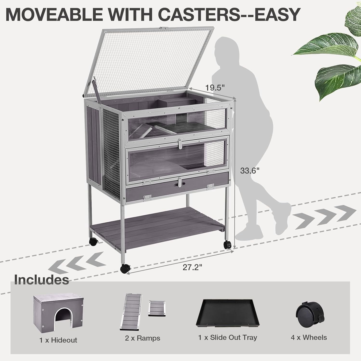 Aivituvin Guinea Pig Cage, Moveable Metal Frame Hamster Cage Anti-Chewing with Aluminium Alloy Edge, Hideouts, Ramps, Seesaws Chewing Toy, Deeper Pull-Out Leakproof Tray for Indoor Outdoor（White）