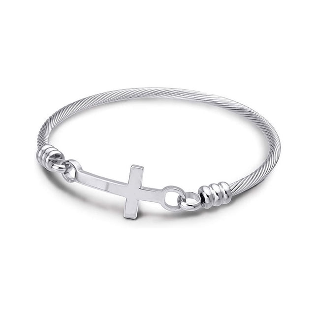 Pulsera de cable trenzado con cruz lateral horizontal de acero inoxidable para mujeres y niñas