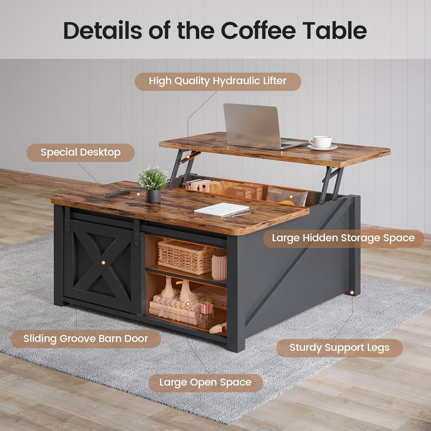 31.5" Square Lift Top Coffee Table, Farmhouse Coffee Table with Ample Storage, Wood Center Table with Sliding Doors and Large Hidden Space for Living Room Home Office, Black
