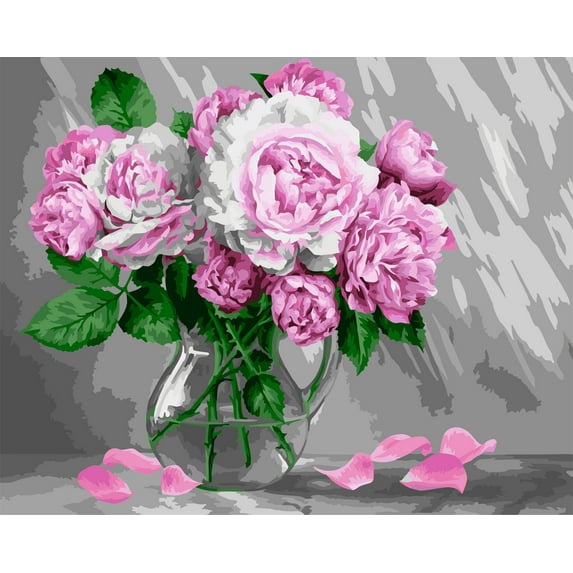 Painting By Numbers Kit Crafting Spark Beautiful Peonies B127 19.69 x 15.75 In Flowers Green Canvas