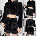 thumbnail image 2 of Black Conjunto de trajes de piel sintética de 2 piezas gótico punk para mujer, sudaderas con capucha con orejas de oso lindas, sudadera recortada con cordón, minifalda de cintura a, 2 of 5