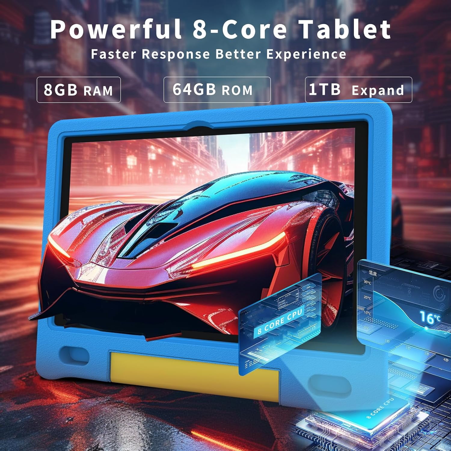 Kids Tablet with Strap, Android 14 Tablet for Kids 10 inch , Toddler Tablet Octa-Core 64GB 1TB Expandable, Children's Tablet with Case, Bluetooth WiFi Parental Control Dual Camera, 12-hr battery