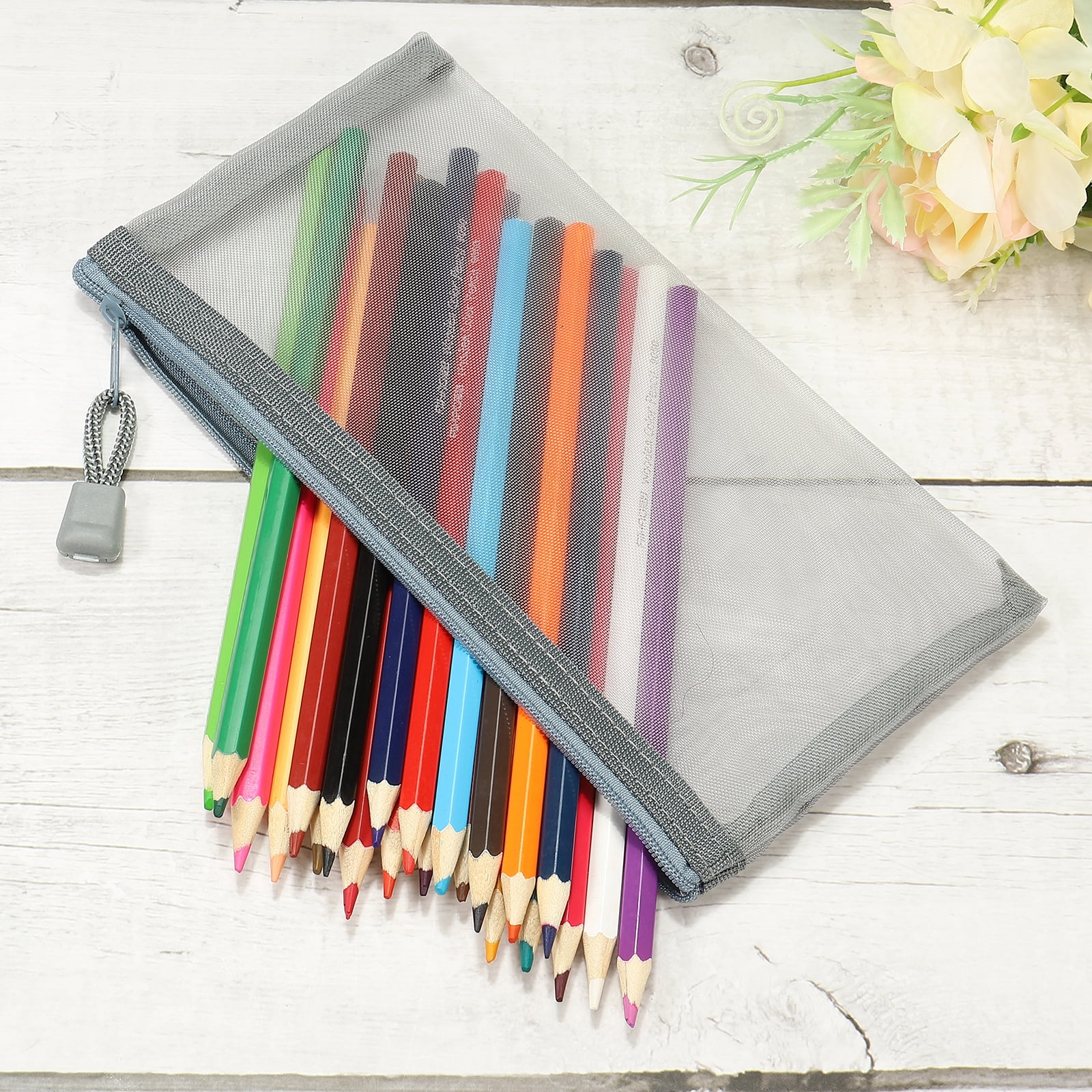 Unique Bargains Mesh Zipper Bag Zip Pouch Pencil Case Storage Pockets Gray