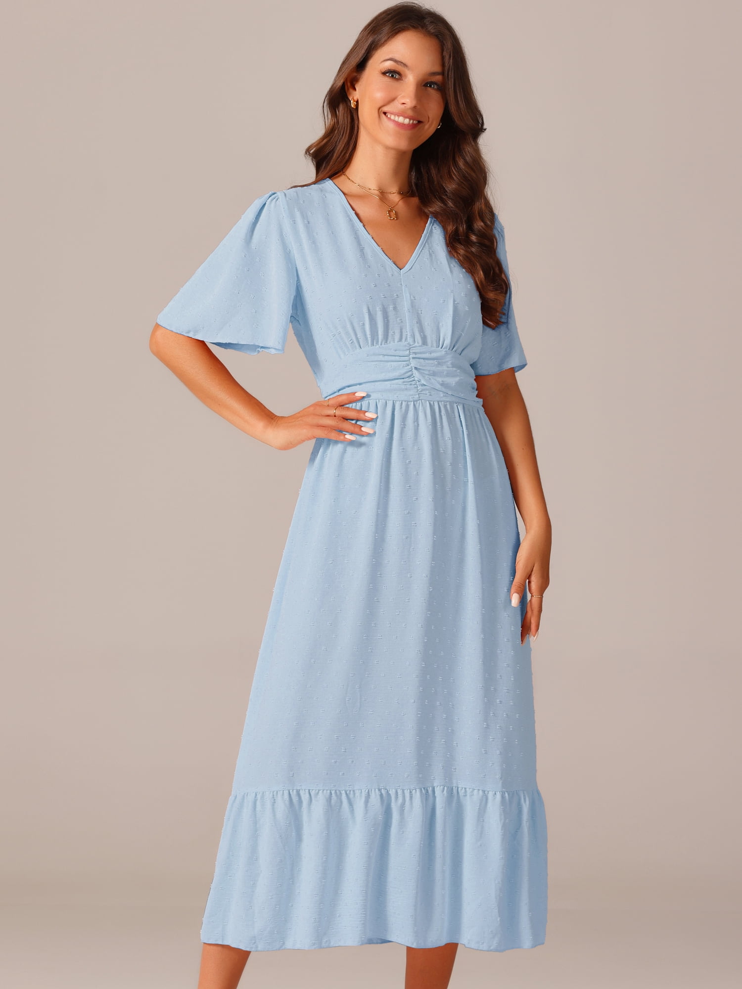 DARING DIVA Women's Swiss Dots Ruffle Midi Dresses M Light Blue