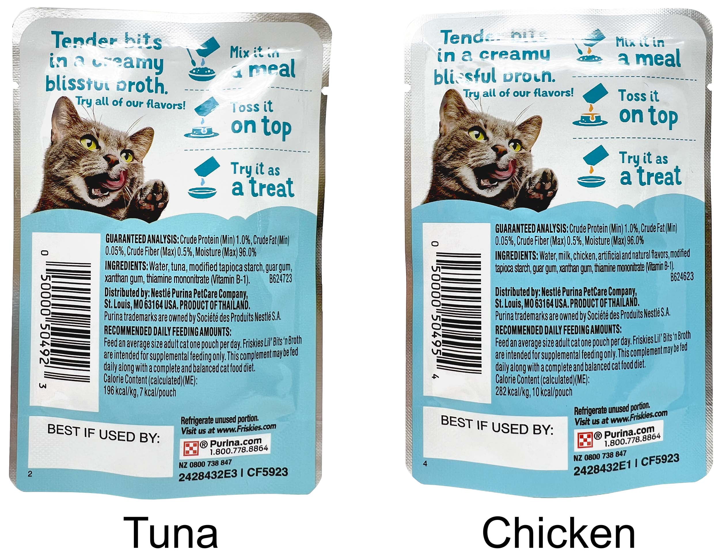 Friskies Bits n Broth - Lil Slurprises Topper - 2 Flavors; 4 Each: Flaked Tuna, Shredded Chicken | Percy Loves Pet Furresher, Cat Toy, MerlinsMart Zine