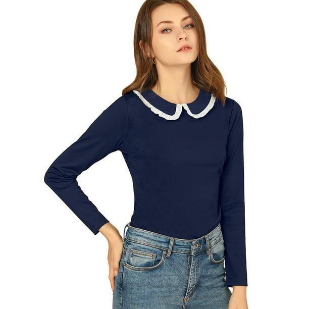 Blusa de manga larga Allegra K trabajo dulce con volante en contraste y cuello Peter Pan Azul marino S