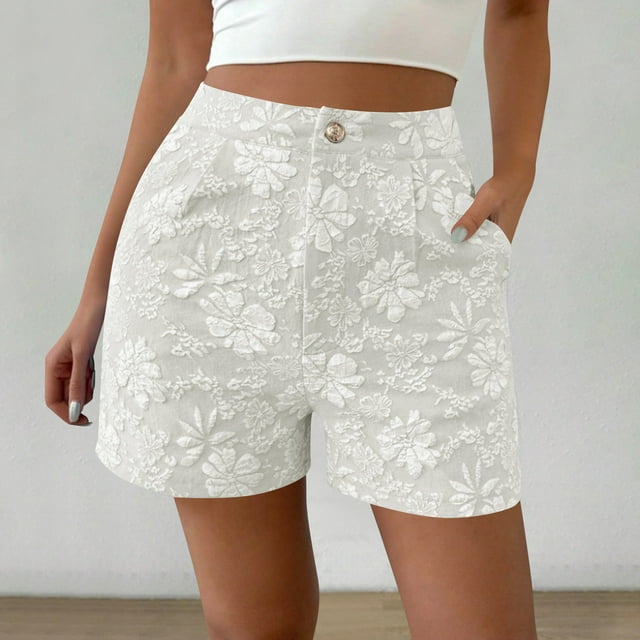 LOVZFMLL Women'S Casual Textured Retro High-Waisted Straight Shorts White XXL