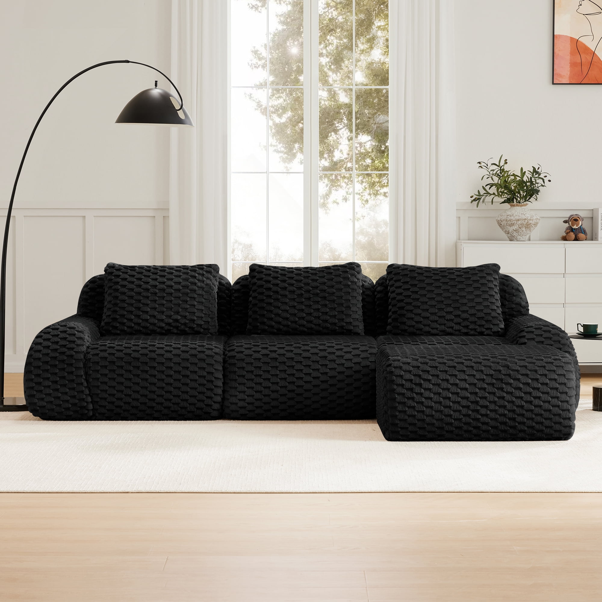 MAYEERTY 114" L-Shaped Modular Couch, Textured Flannelette, Movable Ottoman, Anti-Slip, No Assembly, Black