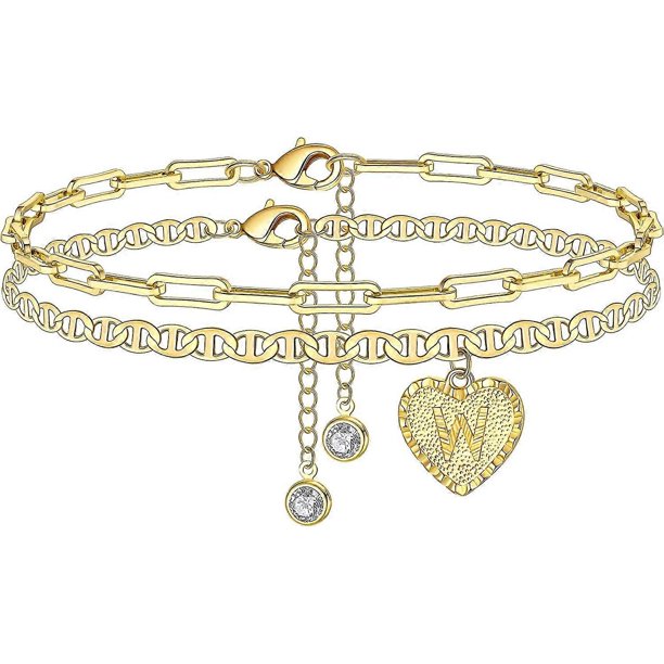 Pulseras de tobillo con iniciales para mujer, tobillera con forma de corazón y letras iniciales para mujer, bonitas tobilleras chapadas en oro de 14 k con diseño de Az para pies - | Mode