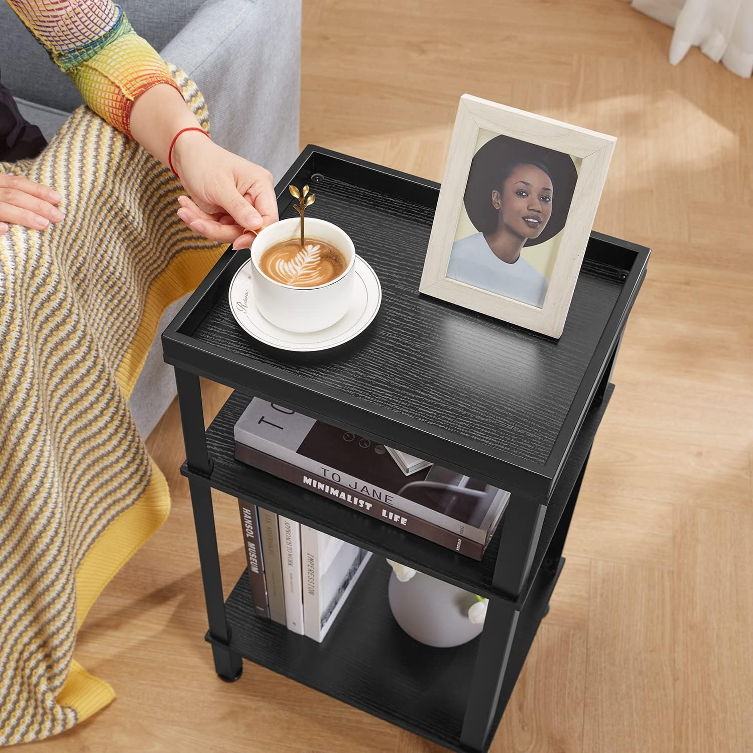 Small Side Table for Small Spaces - Slim End Table with Magazine Holder - 2 in 1 Design Narrow End Table Living Room - Skinny Bedside Table Nightstand Bedroom Thin Side Table, Black