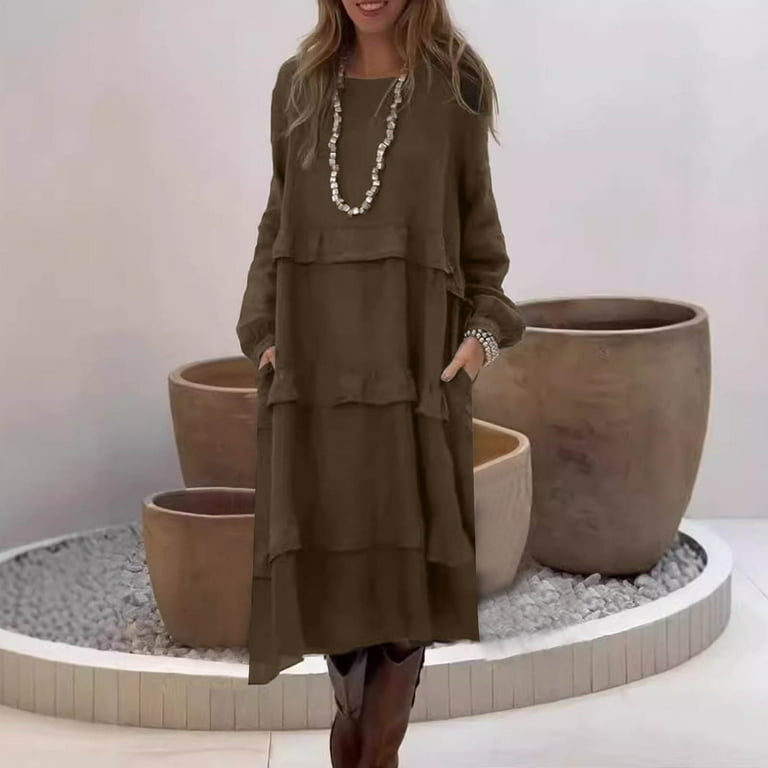 asdoklhq Winter Dresses for Women Fashion Casual Solid Long Sleeve Round  Neck Dress Green M - Walmart.com
