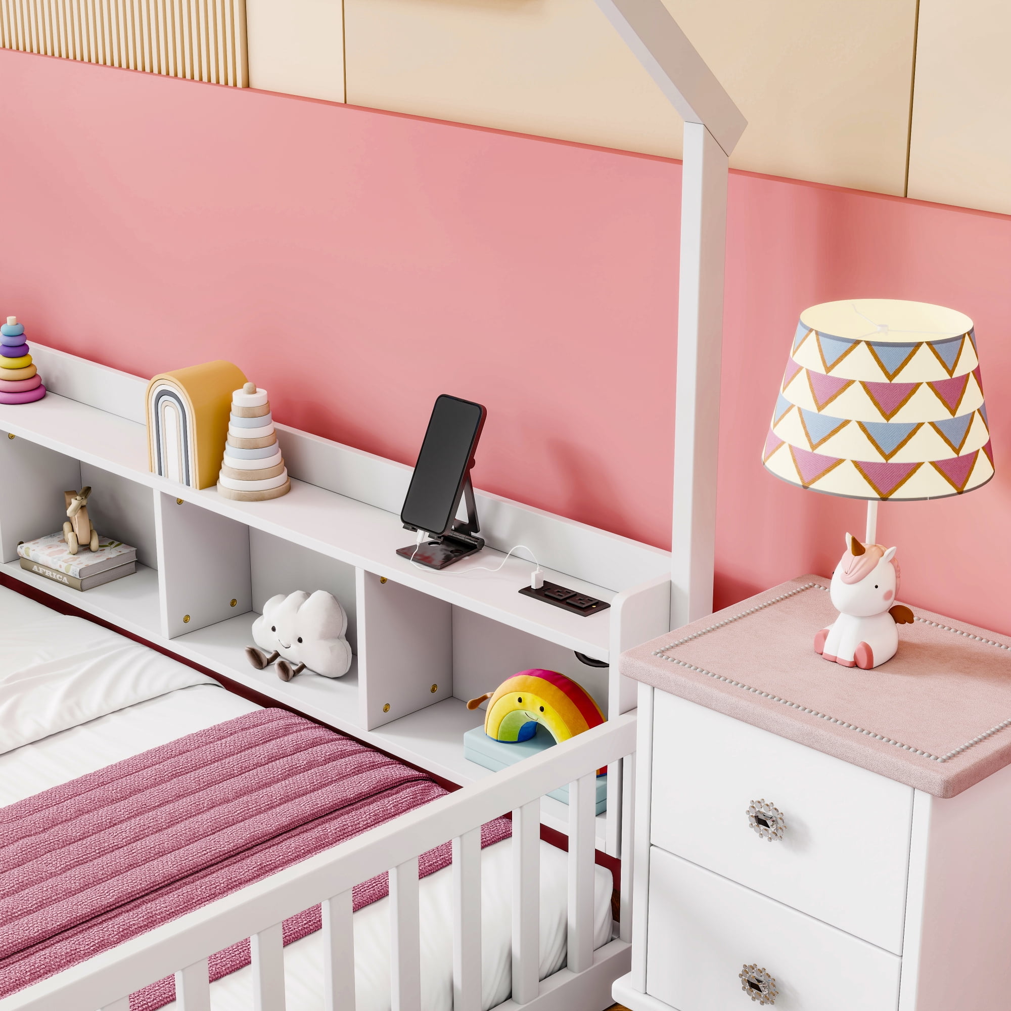 Leumius Twin Size House Floor Bed with Storage Shelves,Built-in LED Lights & Charging Station,Pine Wood Floor Bed Frame with Safety Guardrails for Kids Bedroom White