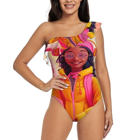 Lukts Digital Nomad Pink Landscape Women One Piece Swimsuits Tummy Control One Shoulder Bathing Suits Ruffle Swimwear-XX-Large