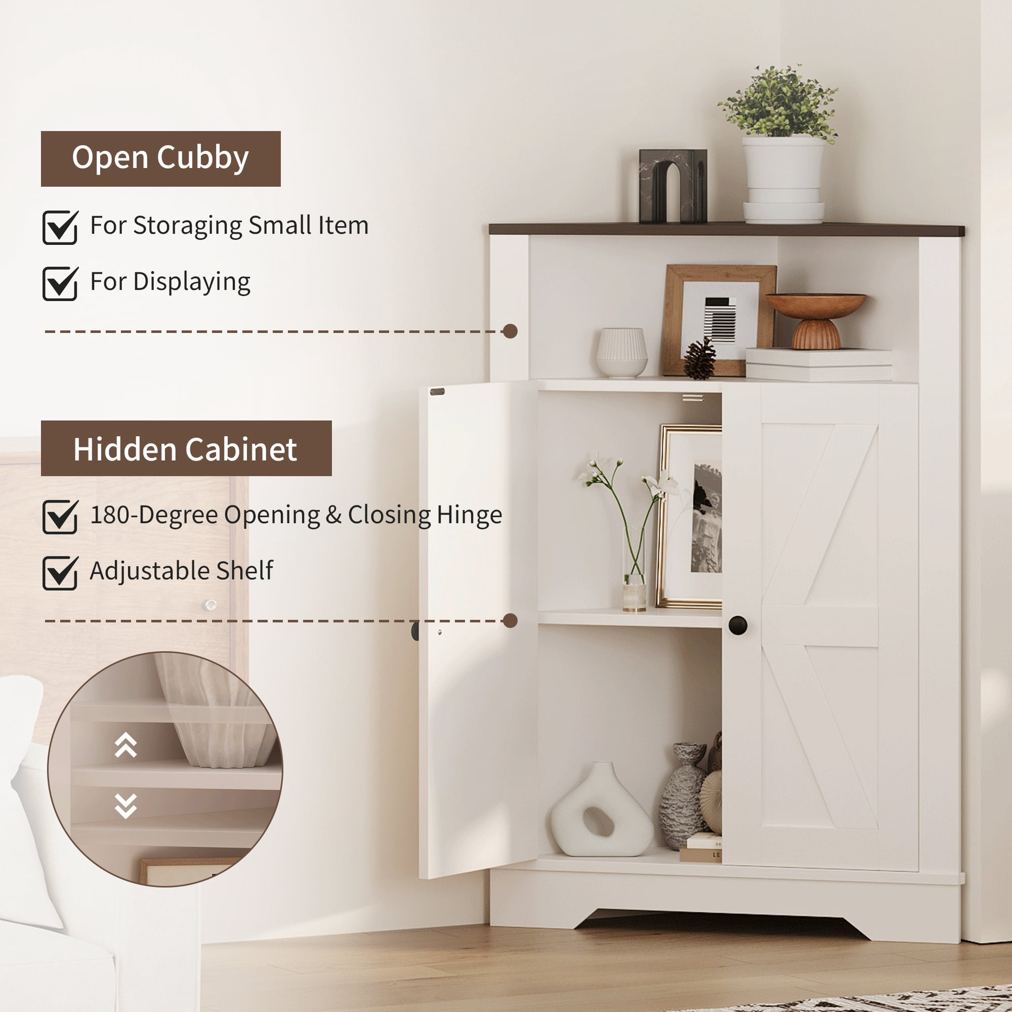 COZONY Farmhouse Corner Storage Cabinet with Door and Adjustable Shelf, Narrow Floor Cabinet for Bathroom, Pantry, Living Room,White