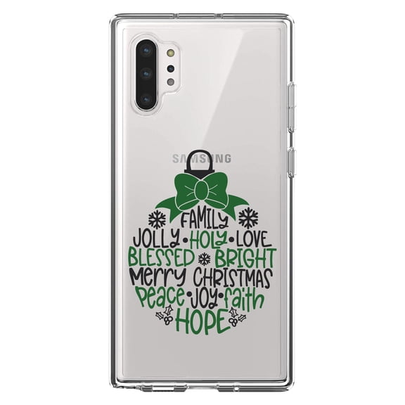 DistinctInk Clear Shockproof Hybrid Case for Galaxy Note 10 PLUS (6.8" Screen) - TPU Bumper Acrylic Back Tempered Glass Screen Protector - Christmas Words Ornament Black Green