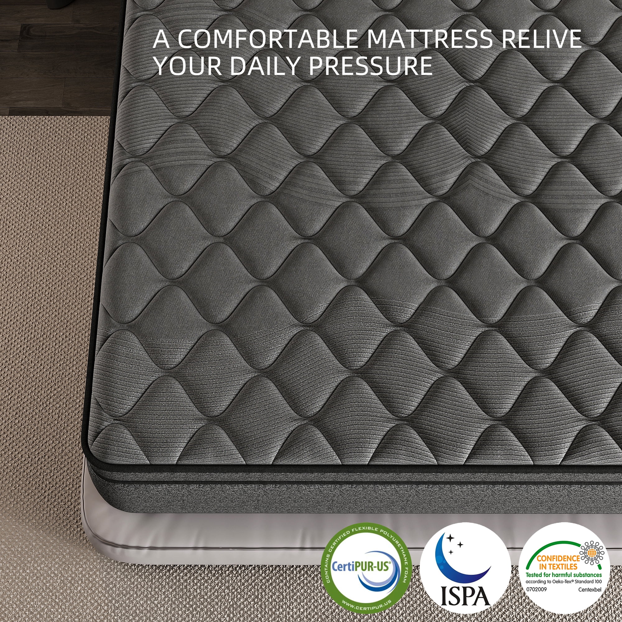 SILENCE MANGO 12 inch Full Size Euro Top Mattress Grey Hybrid Medium Firm for Back & Lumbar Support,Bed Mattress in a Box,Individual Pocket Spring for Motion Isolation & Pressure Relief
