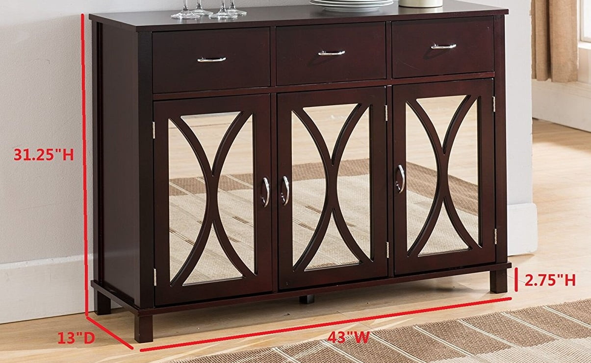 Luke Sideboard Buffet Server Cabinet With Adjustable Storage Shelves Drawers Espresso Wood Mirrored Doors
