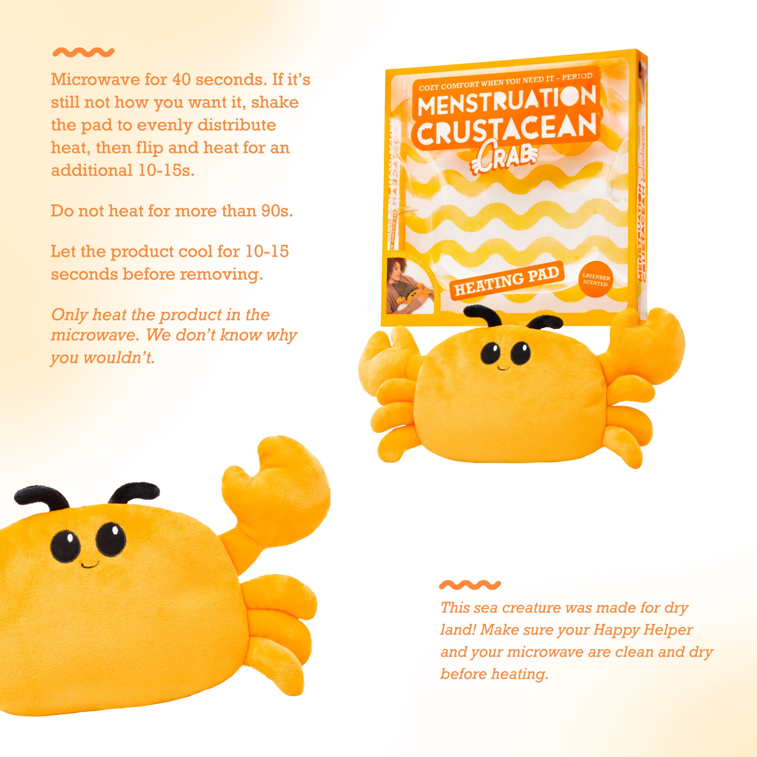 Happy Helpers Menstruation Crustacean Crab, Microwaveable Heating Pad for Cramps, Gifts for Teens
