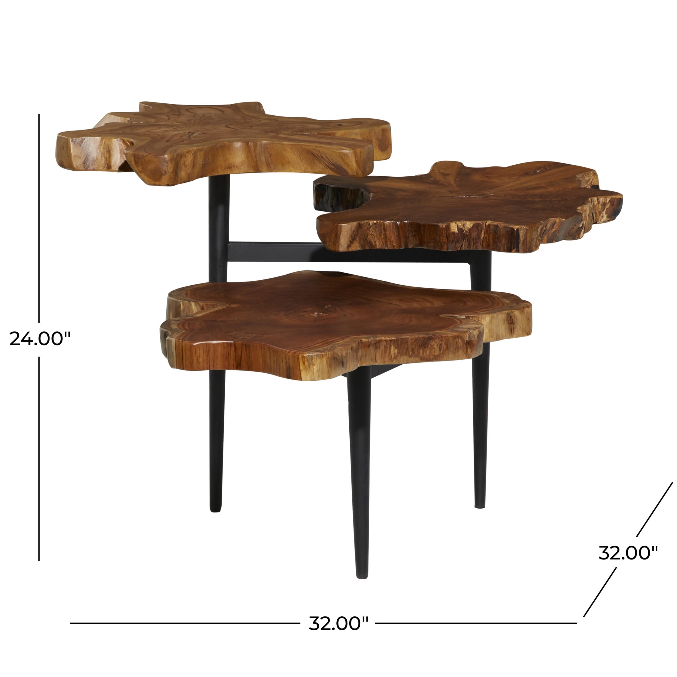 DecMode 32" x 24" Brown Teak Wood Handmade Live Edge 3 Tier Accent Table with Black Metal Base, 1-Piece