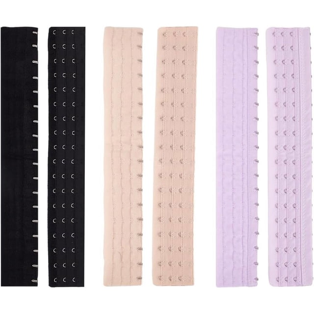 6 extensores de corsé elásticos de poliéster en 3 colores. 3 filas de 18 ajustadores de sujetador con ganchos y anillos de acero inoxidable.