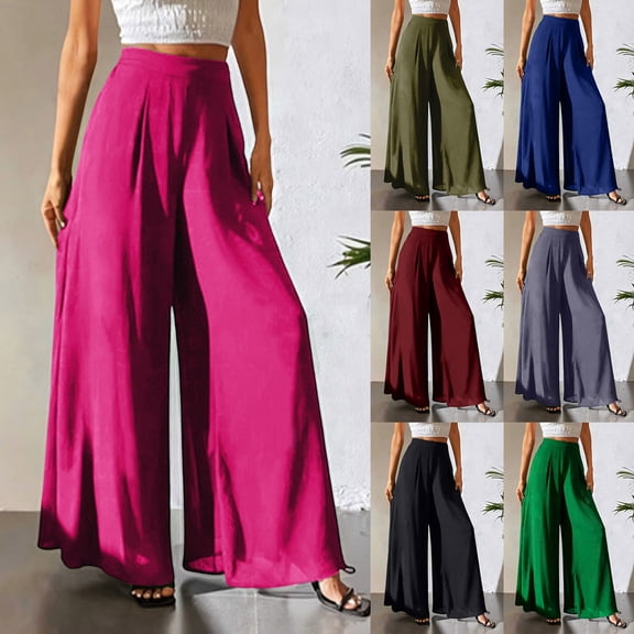Miluxas Women's Summer Wide Leg Palazzo Pants Solid Color High Waist Flowy Casual Trousers with Pockets for Work Vacation Daily Wine