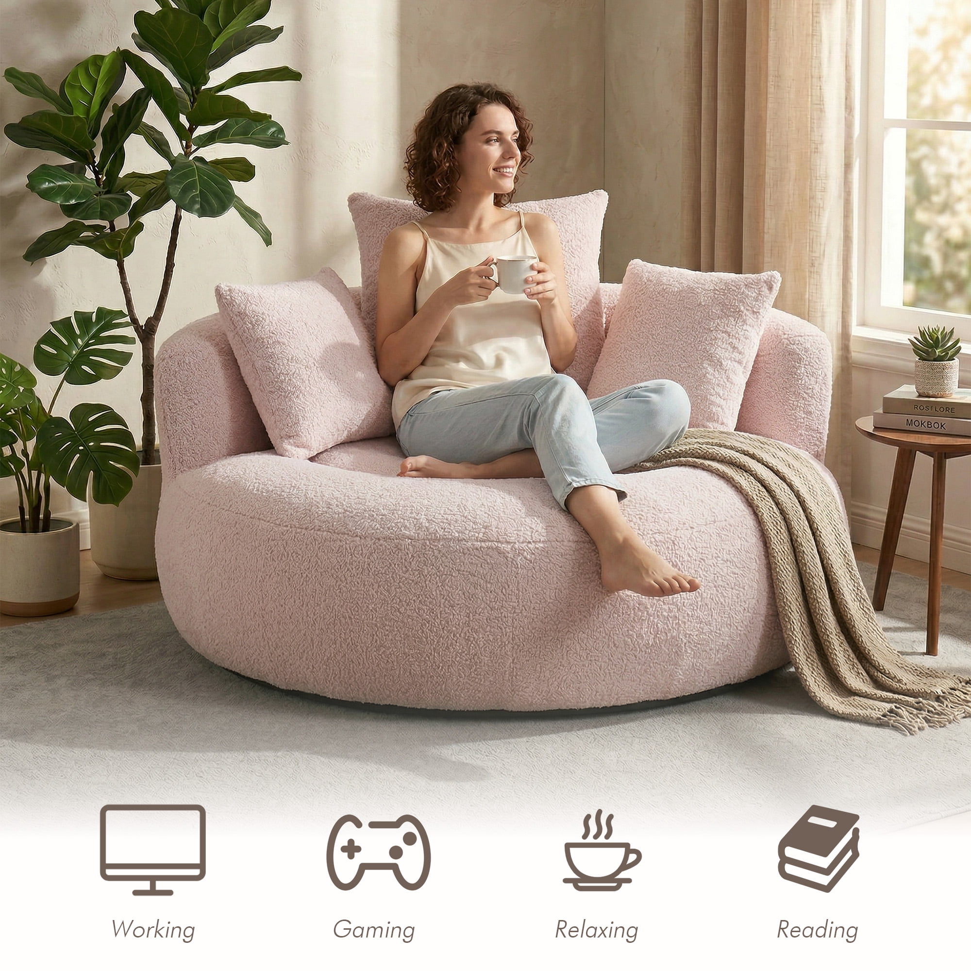 MOONMISS Oversized Bean Bag Chair, Chenille Lazy Bean Bag Sofa with Wrap-Around Backrest & Pillows for Living Room,Pink