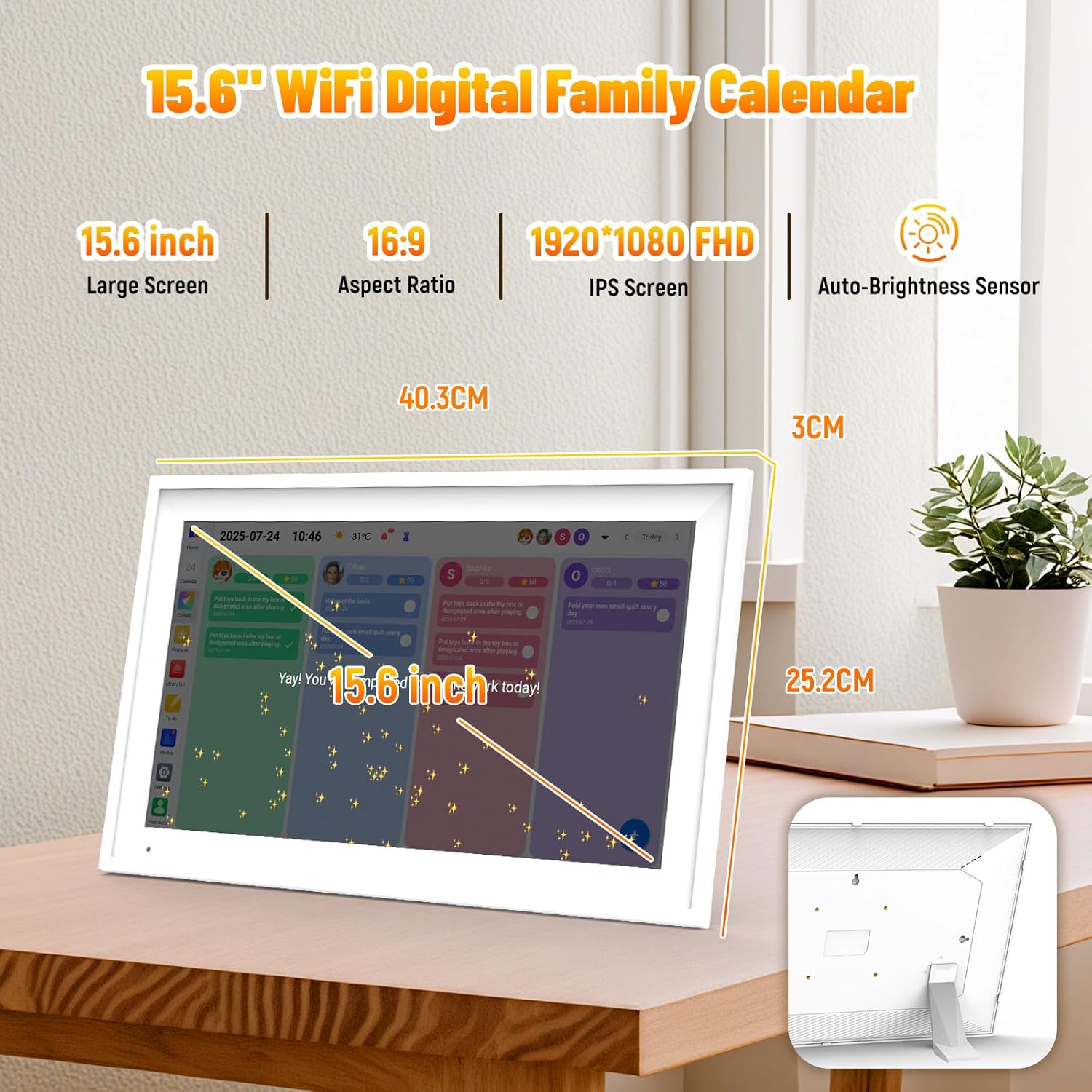 AEEZO Wifi15.6" Smart Digital Calendar – 1920×1080 Interactive Touchscreen Family Planner & Calendar with Chore Chart & Meal Planner, Wall-Mountable,White+Plastic Frame