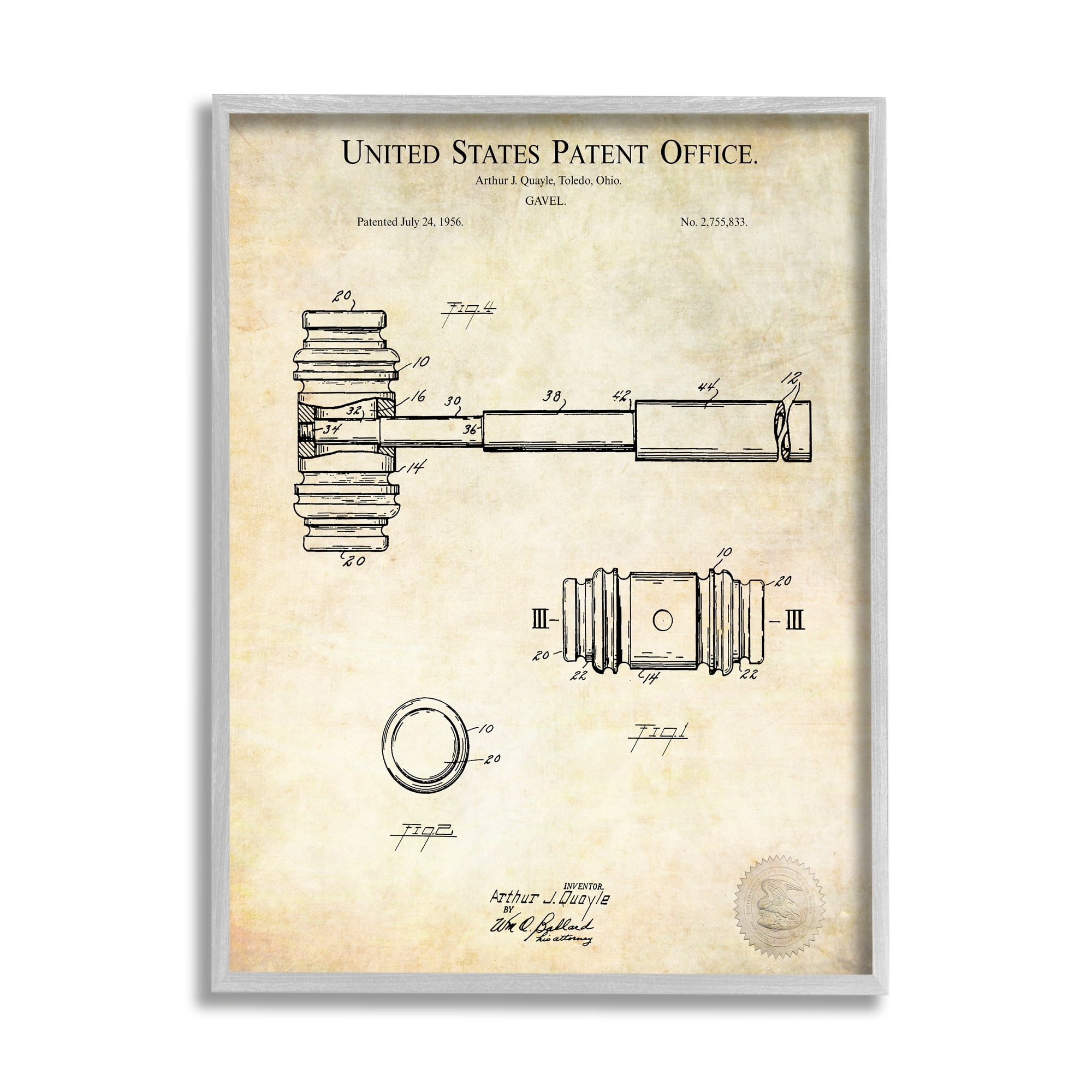 Stupell Industries Vintage Gavel Invention Diagram Patent Text Blueprint Framed Wall Art, 11 x 14, Design by Karl Hronek