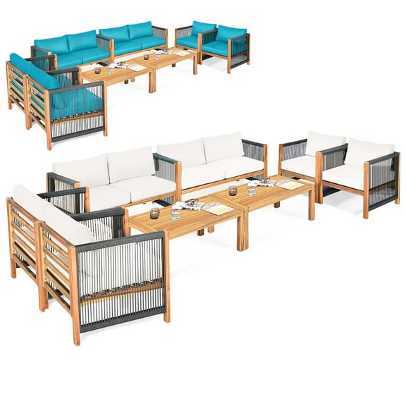 Gymax Set Of 8 Wood Outdoor Patio Furniture Set w/Cushions White Turquoise Cushion Cover Sets