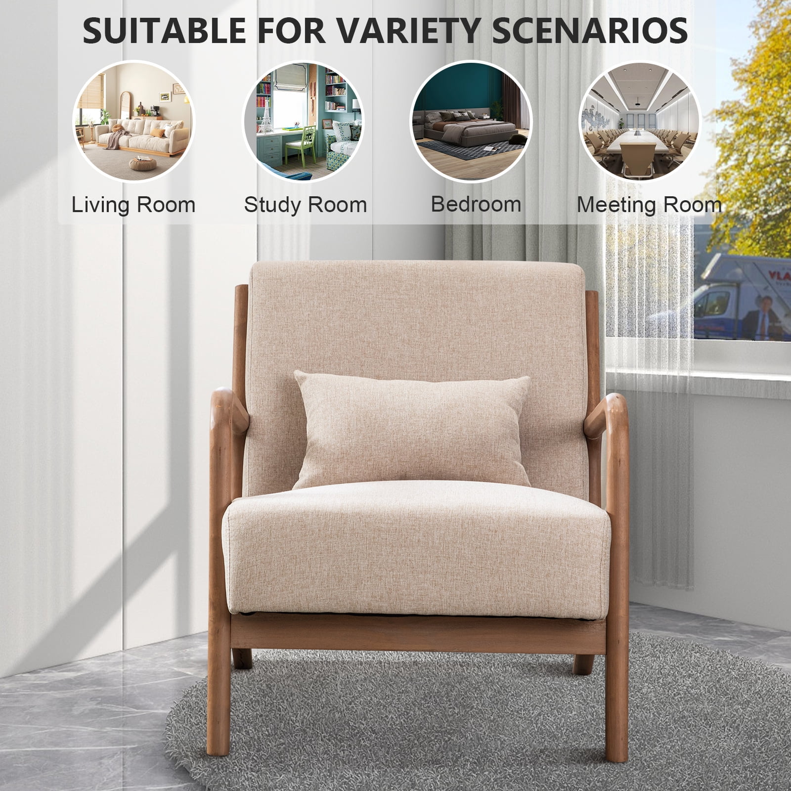 Bonzy Home Solid Wood Armchair, Mid-Century Accent Chair Set of 2 Living Room, Beige