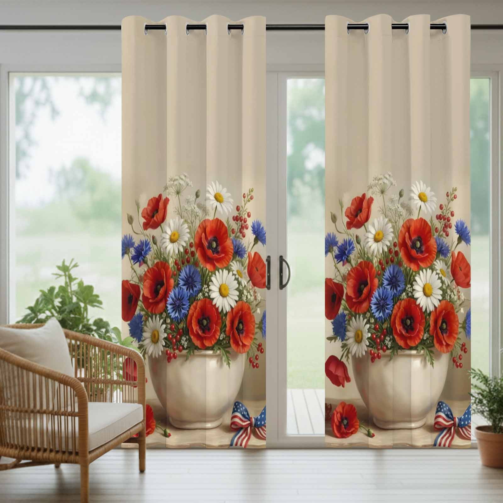 Independence Day Outdoor Curtains for Patio, Summer Red Blue White Floral Vase Sunshade Privacy Drapes Grommet Waterproof Outside Curtains for Porch/Cabana/Balcony 54"x 108", 1 Panel