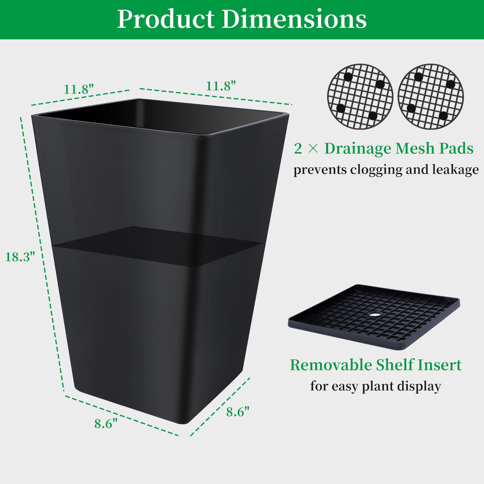 FOUKUS Tall Planters for Outdoor Plants Set of 2 - 18.3 Inch Black Plastic Planter Pots with Drainage Mesh Pads & Removable Shelf - Front Porch, Patio, Garden, Indoor Decor