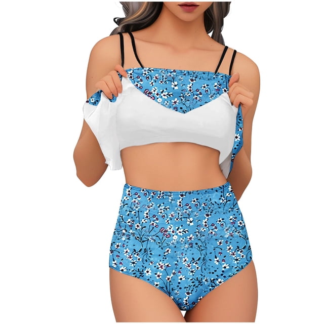 Trajes de Baño de Bikini de Mujer Conjunto de Cintura Alta de Vendaje de Impresión Sexy con Almohadillas de Pecho, Conjunto de Bikini de Mujer Conservador Y sin Mangas