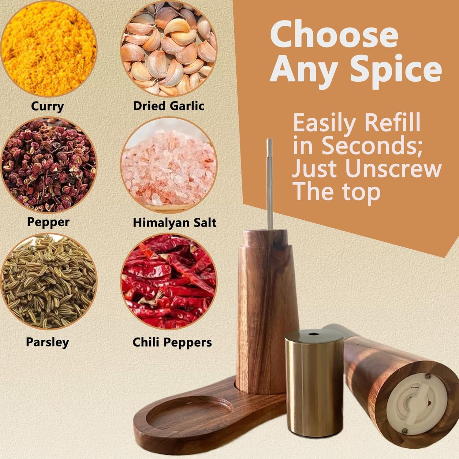 Wooden Salt and Pepper Grinder Set: Acacia Wood Salt Grinder Refillable, Manual Salt and Pepper Mill with Ceramic Core - Customized Coarseness, Salt and Pepper Shaker Set for Kitchen (Gold)