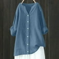 thumbnail image 2 of Jinhomg Womens Cotton Linen Tops Casual Comfy Long Sleeve Button Down Shirts Lightweight Breathable Summer Tunic Blouses Plain Solid Pullovers Light Blue XXXL, 2 of 8