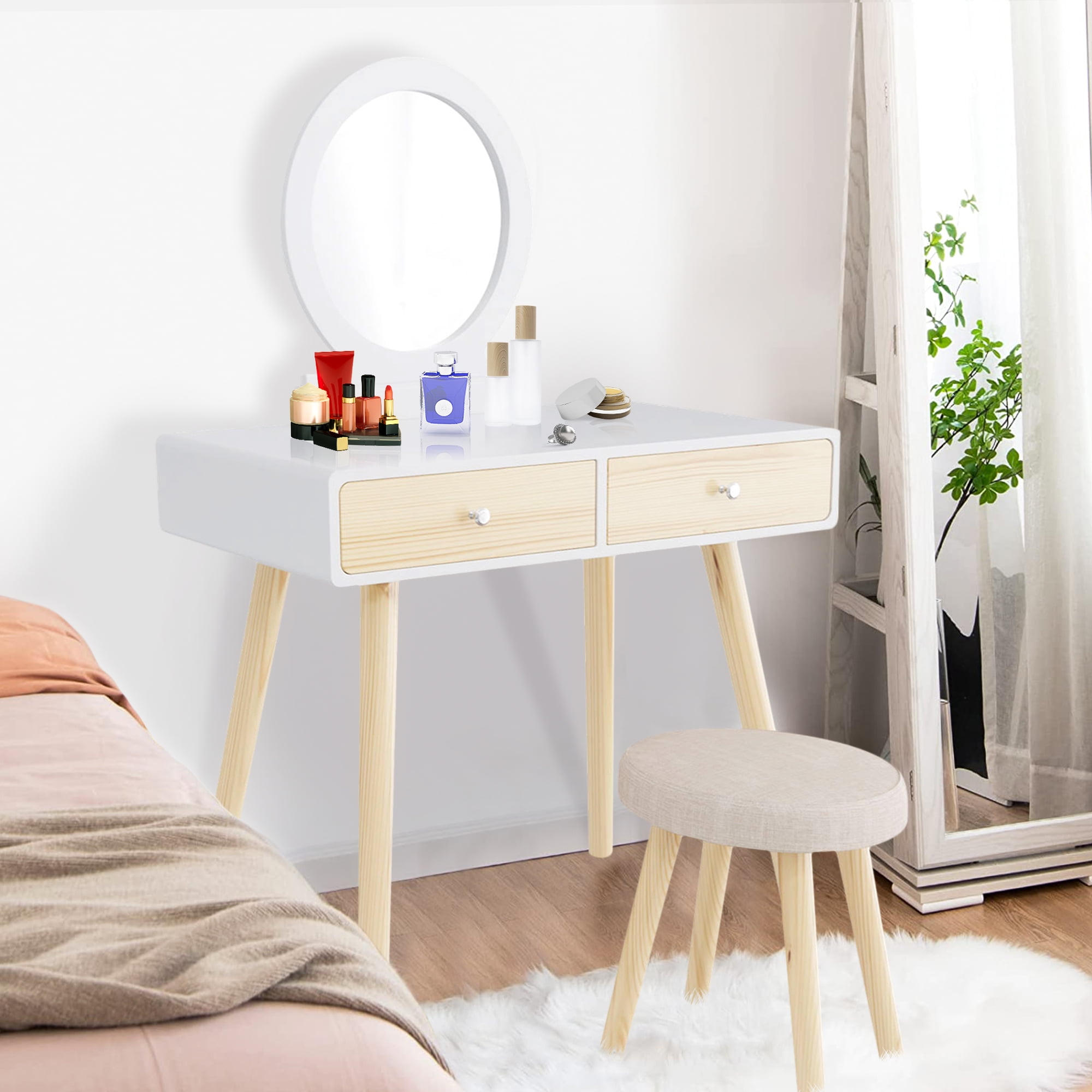 Wood Vanity Desk with Stool, Sesslife Vanity Table with Round Mirror, 2 Drawers, Vanity Desk for