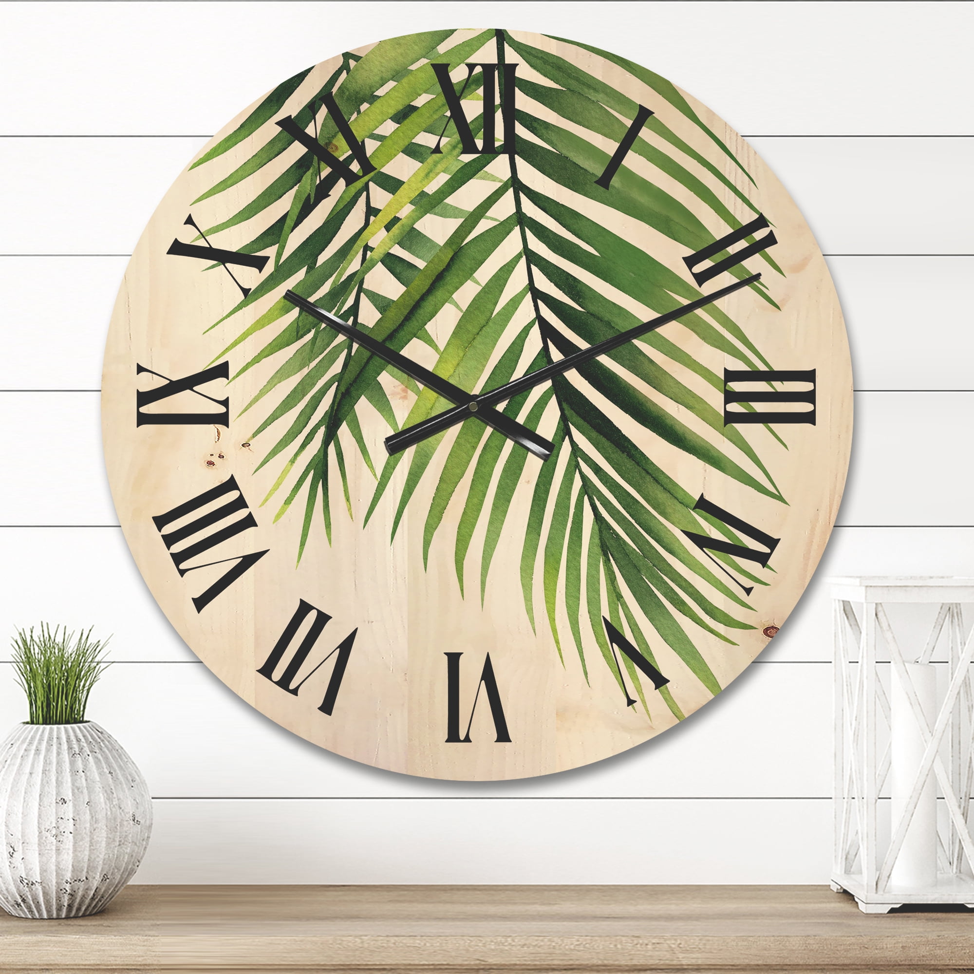Designart 'Tropical Palm Branches' Tropical Wood Wall Clock