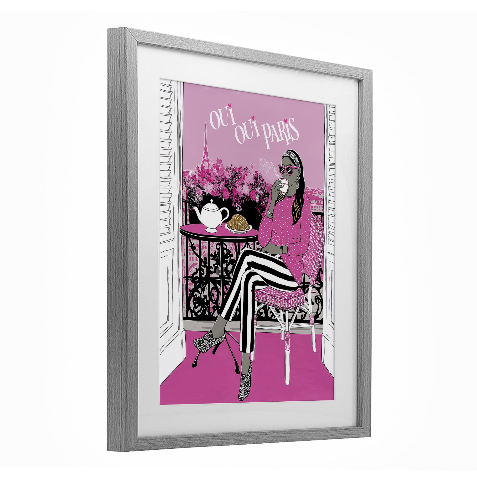 Stupell Industries Oui Oui Parisian Cafe Morning Gray Framed Print Under Glass, design by Jess Stempel