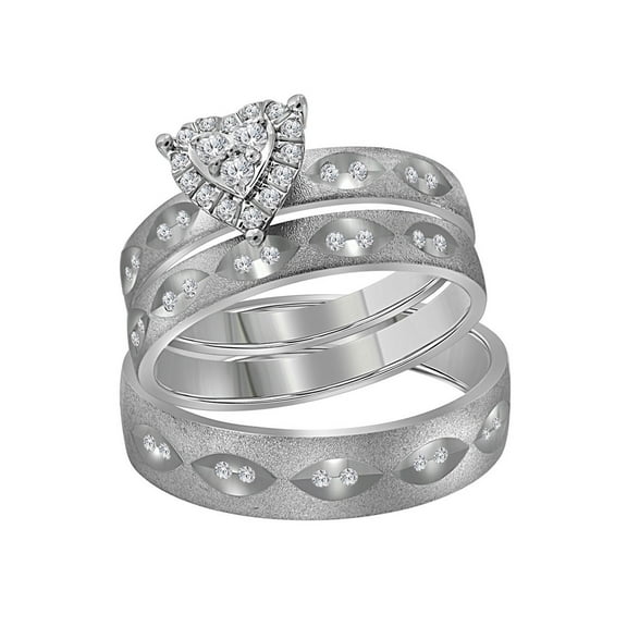 14kt White Gold His Hers Round Diamond Heart Matching Wedding Set 1/4 Cttw