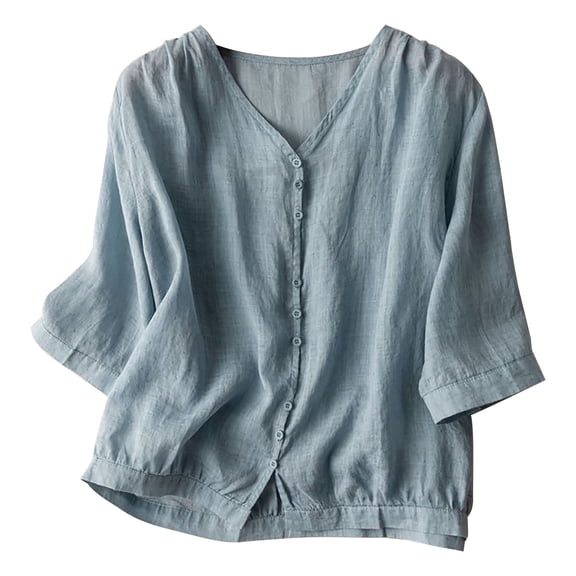 Breezora Vintage Inspired V Neck Button Down Shirt Women's Cropped Sleeve Oversized Top Casual Breathable Relaxed Fit Blouse For Everyday L Size Blue