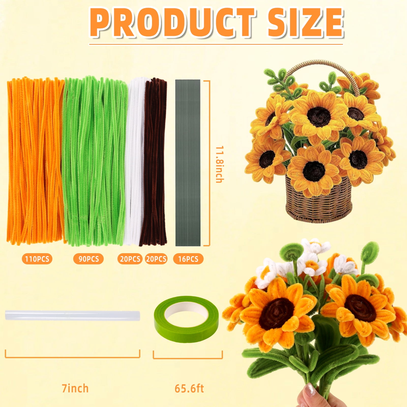 CandWuom Yellow Green Pipe Cleaners Flower Kit for Graduation Gifts, Chenille Stems for Pipe Cleaner Sunflowers Bouquets Making