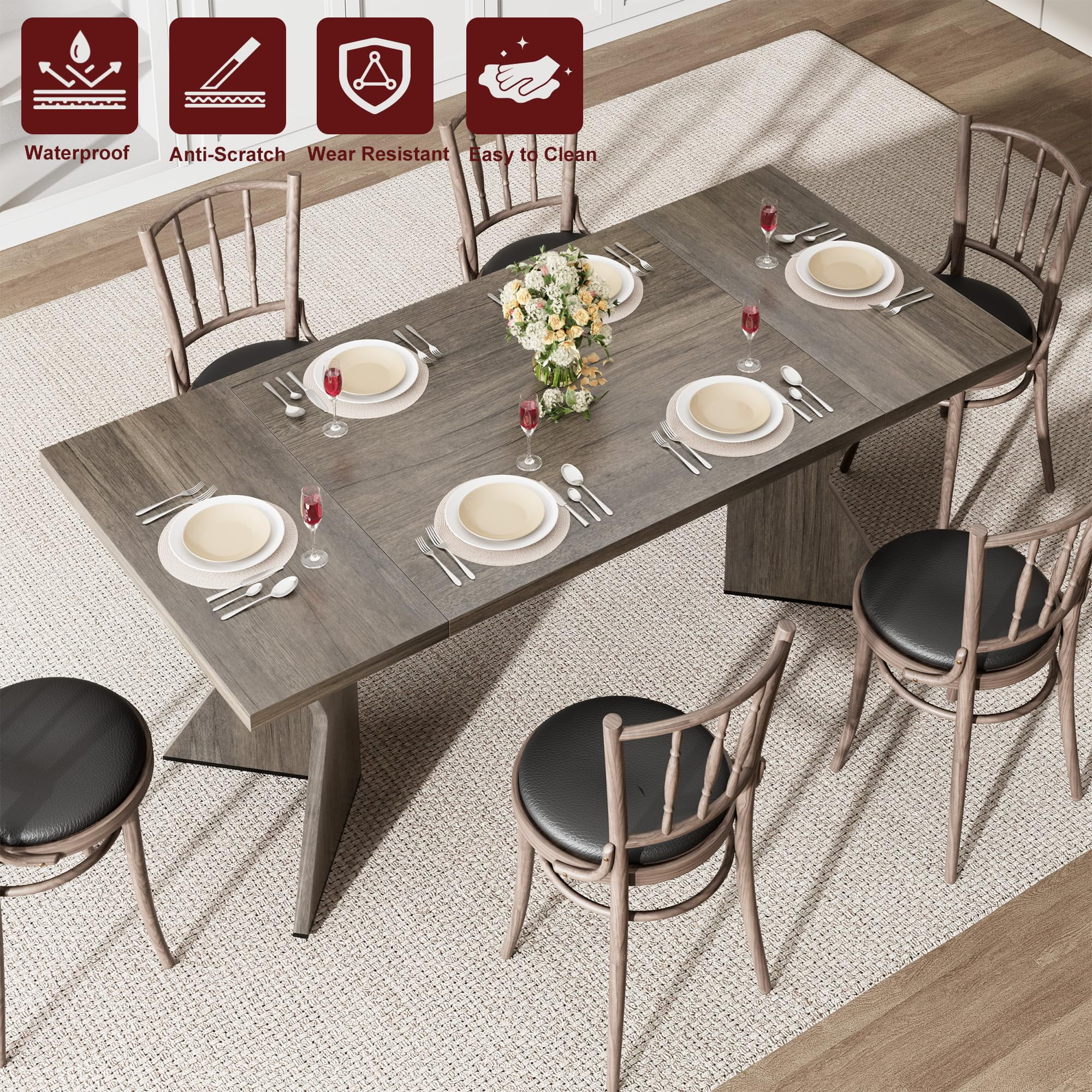 71 in Dining Table for 6-8, Farmhouse Rectangular Kitchen Table with V Leg & Sturdy Frame, Wooden Thickened Long Desk for Dining Room, Kitchen, Office, Gray
